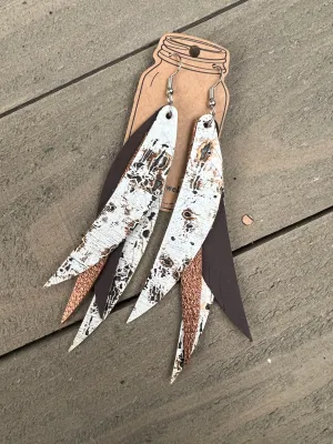 White and Bronze Stacked Fringe Feather Earrings