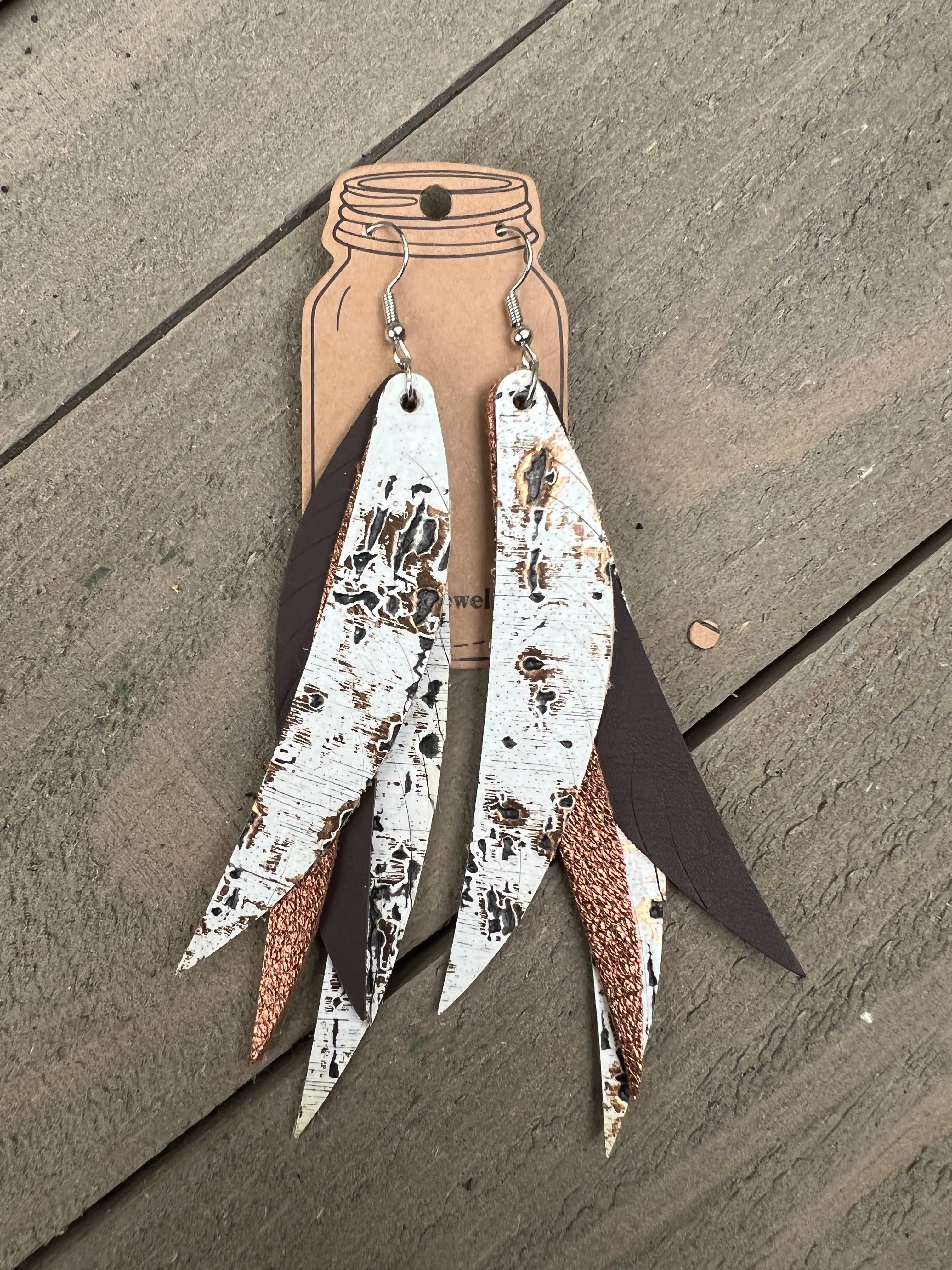White and Bronze Stacked Fringe Feather Earrings