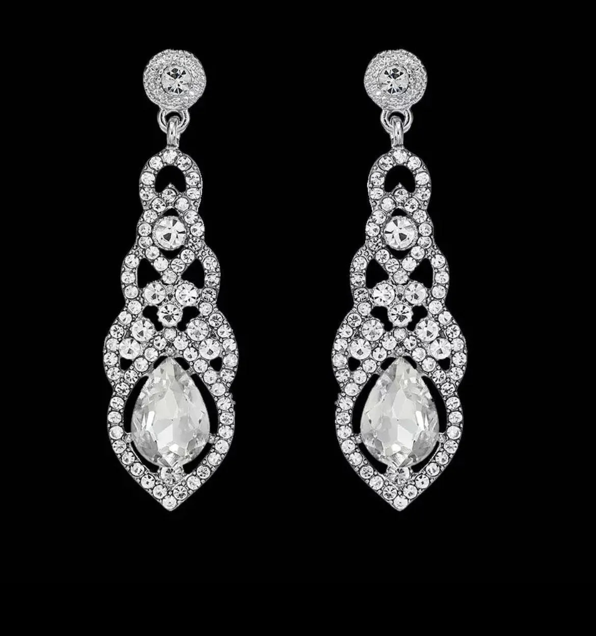 White crystal earrings , clear long  earrings , silver tone earrings , bridal chandelier crystal earrings