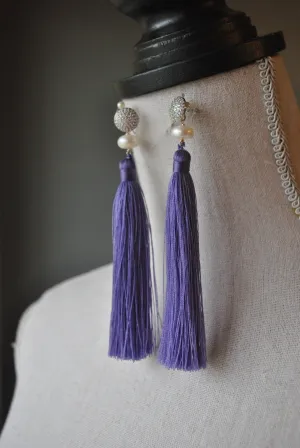 WHITE FRESHWATER PEARL AND RHINESTONES LAVENDER TASSLE LONG STATEMENT EARRINGS