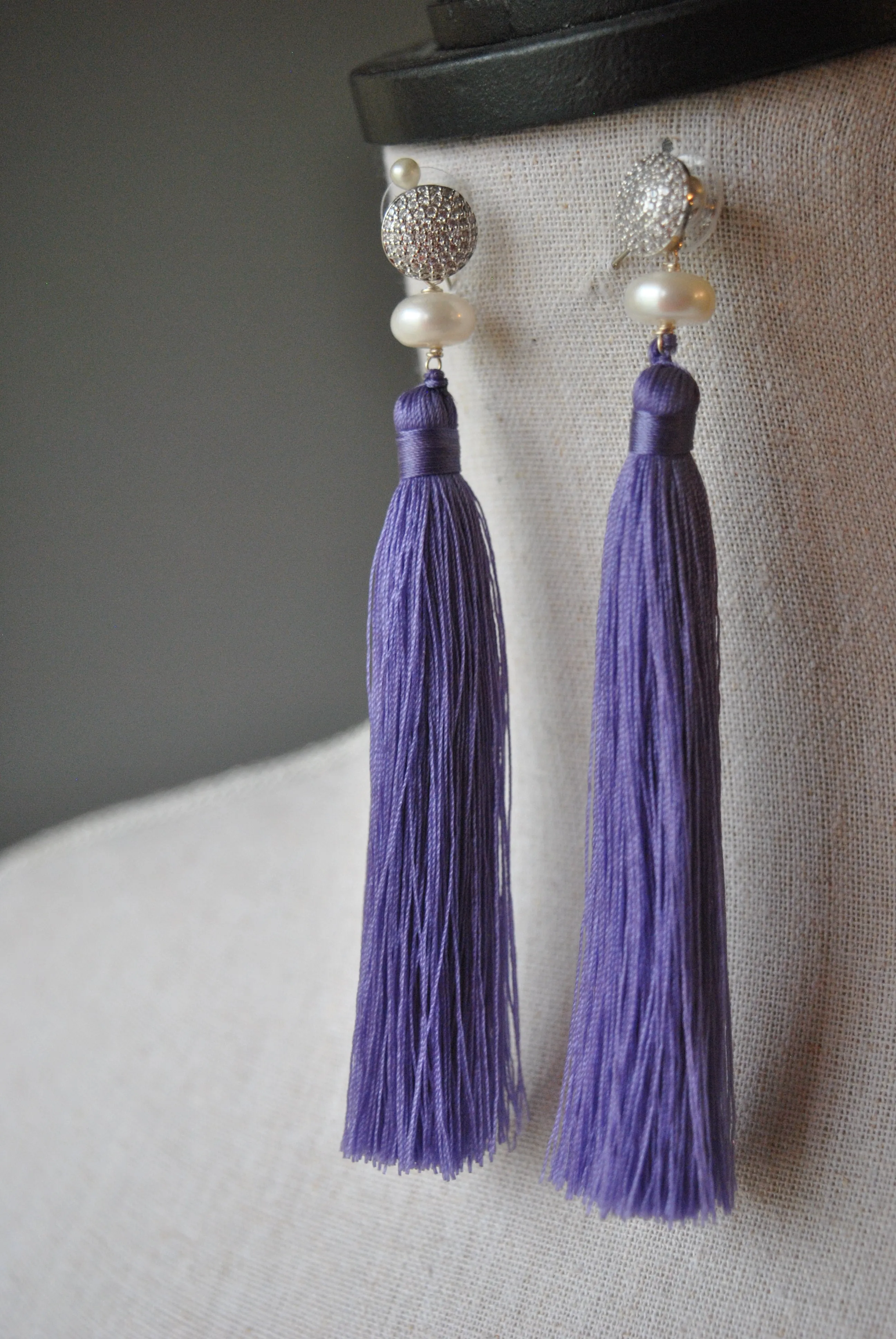 WHITE FRESHWATER PEARL AND RHINESTONES LAVENDER TASSLE LONG STATEMENT EARRINGS