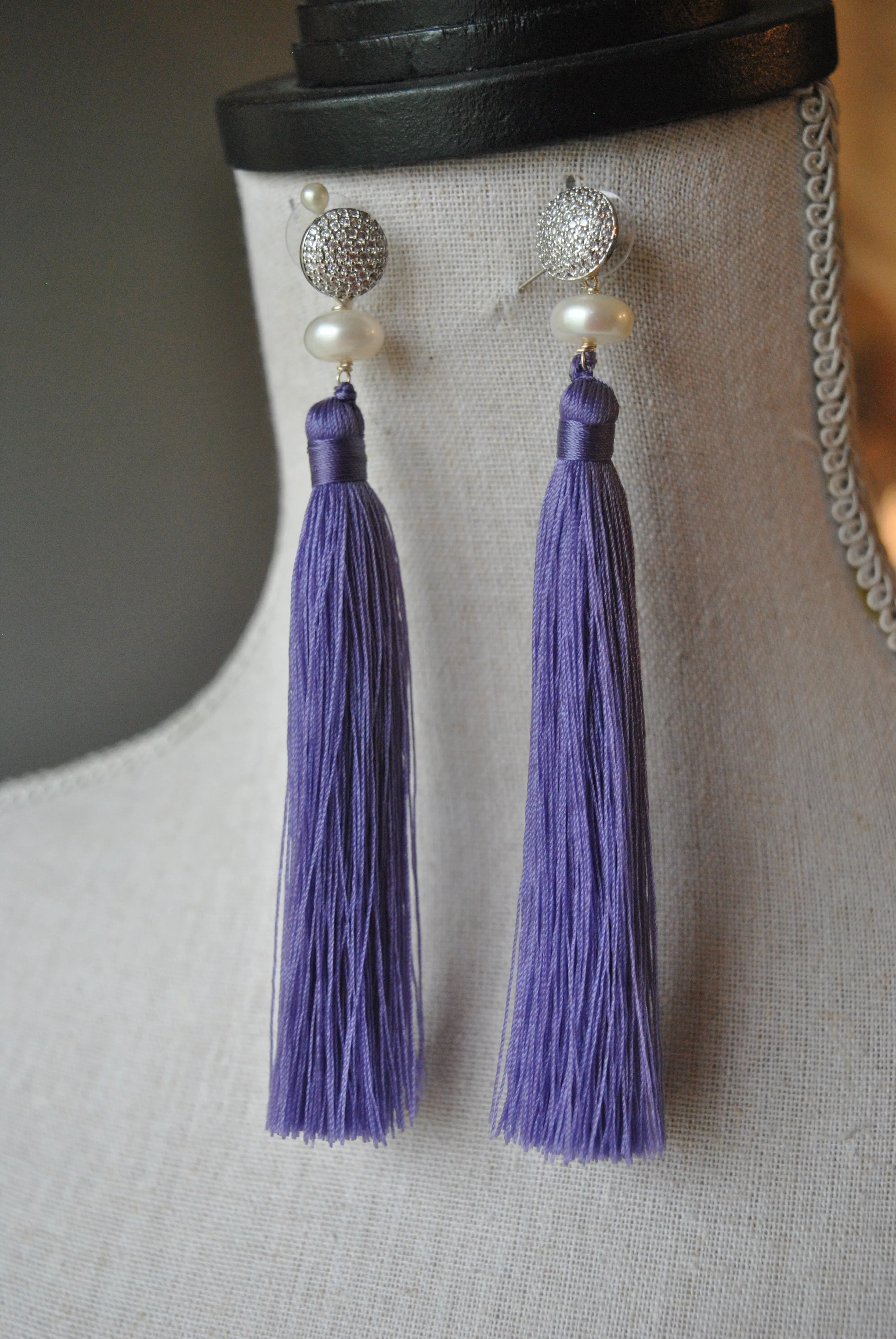 WHITE FRESHWATER PEARL AND RHINESTONES LAVENDER TASSLE LONG STATEMENT EARRINGS