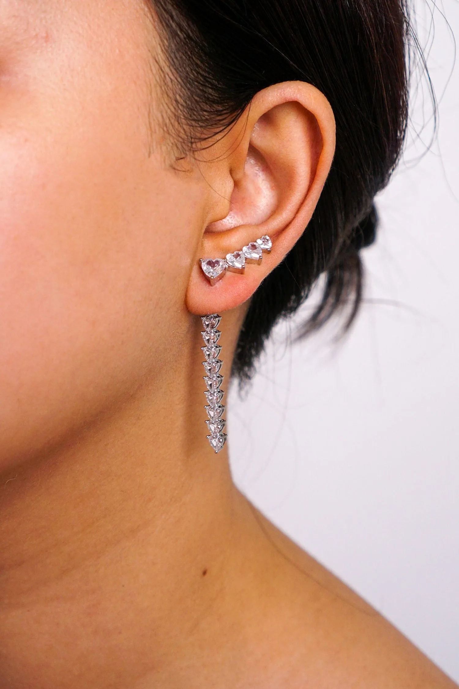 White Gold Heart Tassel Earrings
