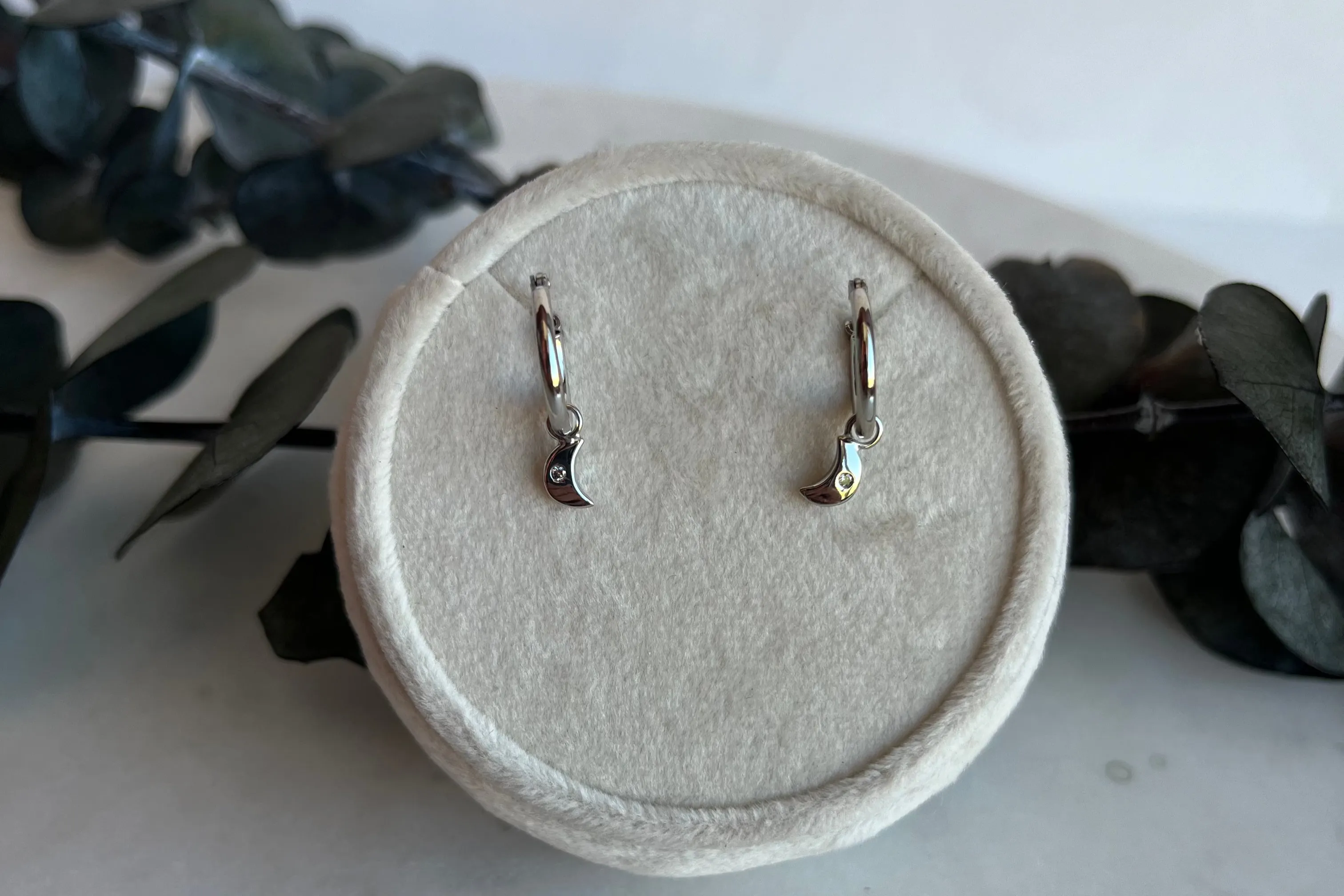 White Gold Moon Dangle Hoops