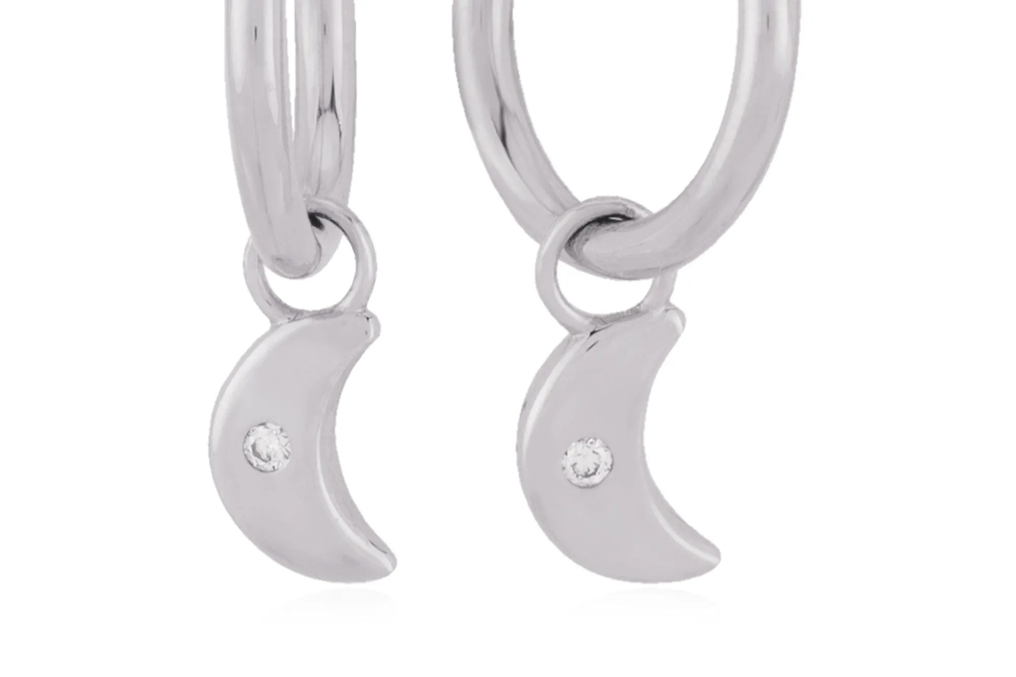 White Gold Moon Dangle Hoops