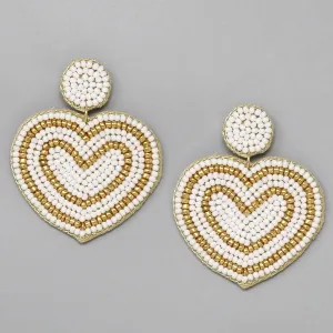 White Heart with Gold Stripe Shape Seed Bead Drop Earrings