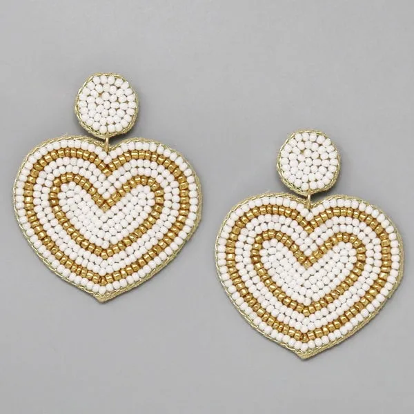 White Heart with Gold Stripe Shape Seed Bead Drop Earrings