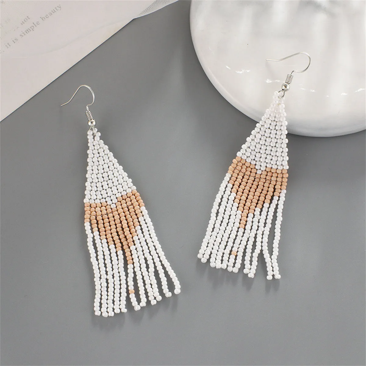 White Howlite & Silver-Plated Heart Tassel Drop Earrings