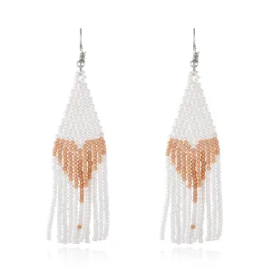 White Howlite & Silver-Plated Heart Tassel Drop Earrings