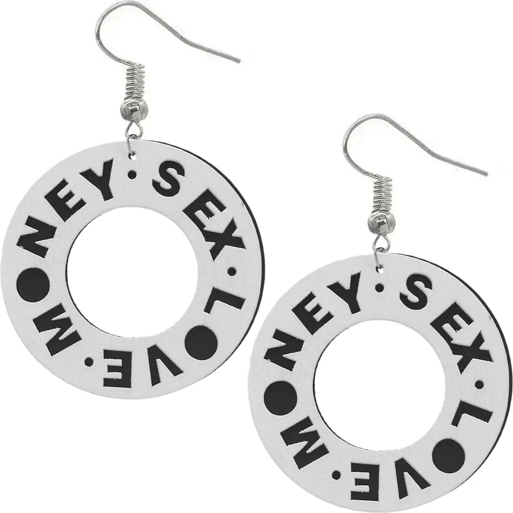 White Money Sex Love Wooden Earrings