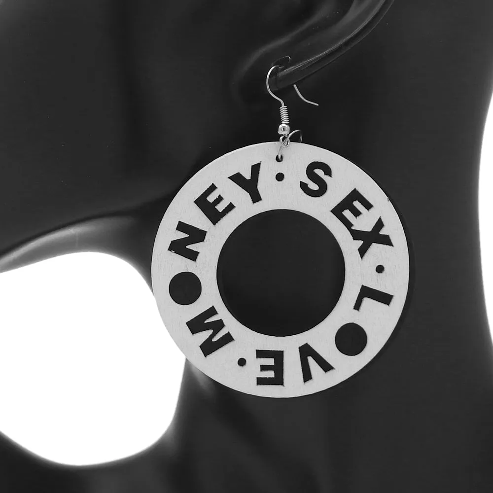 White Money Sex Love Wooden Earrings