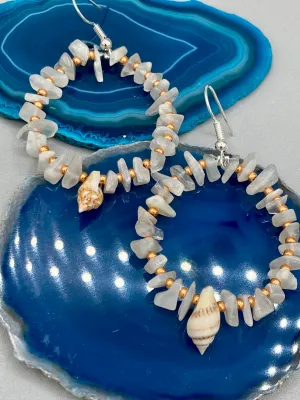 White Moon Stone Chip Beaded Hoop Earrings, Hippie Vibe, Shabby Chic, Boho Chic, Nature Inspired, Bohemian