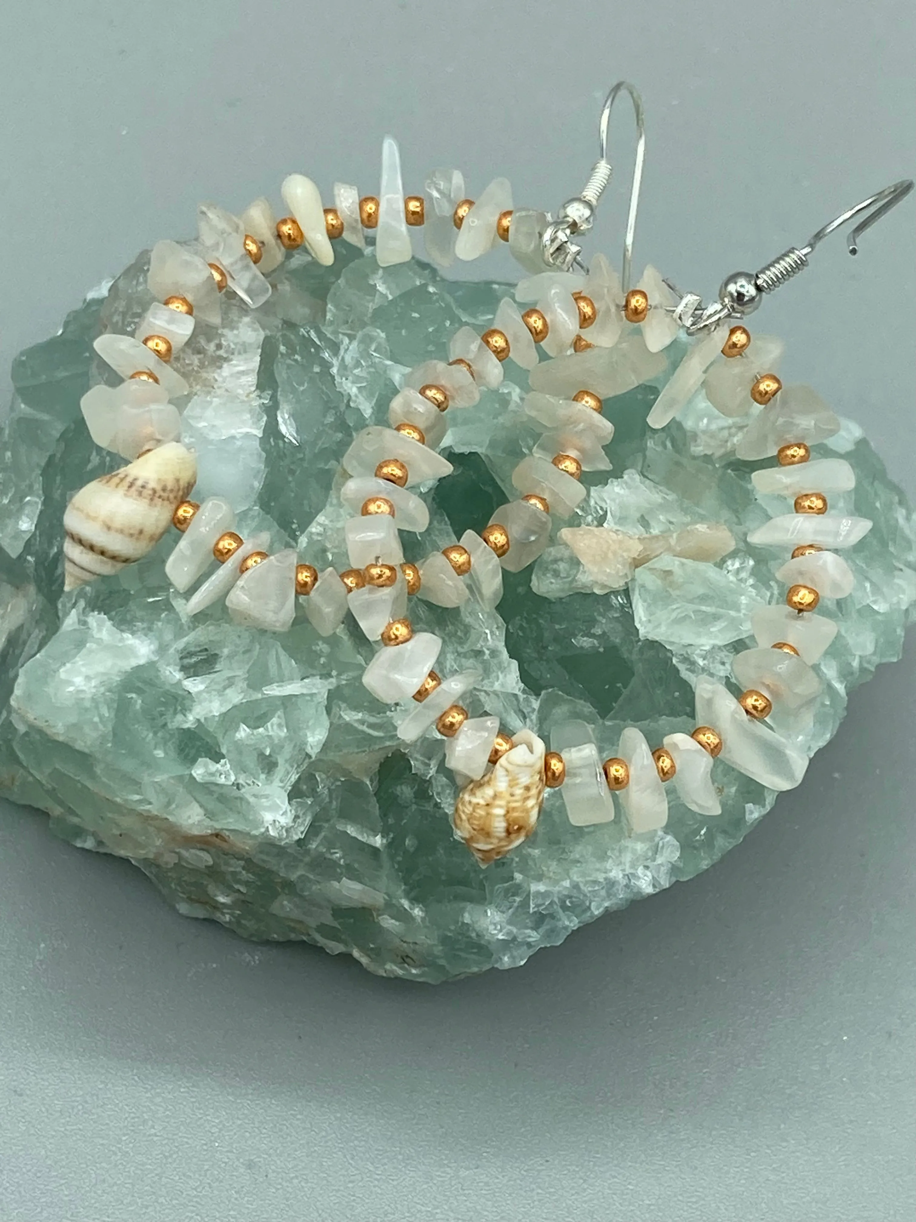 White Moon Stone Chip Beaded Hoop Earrings, Hippie Vibe, Shabby Chic, Boho Chic, Nature Inspired, Bohemian