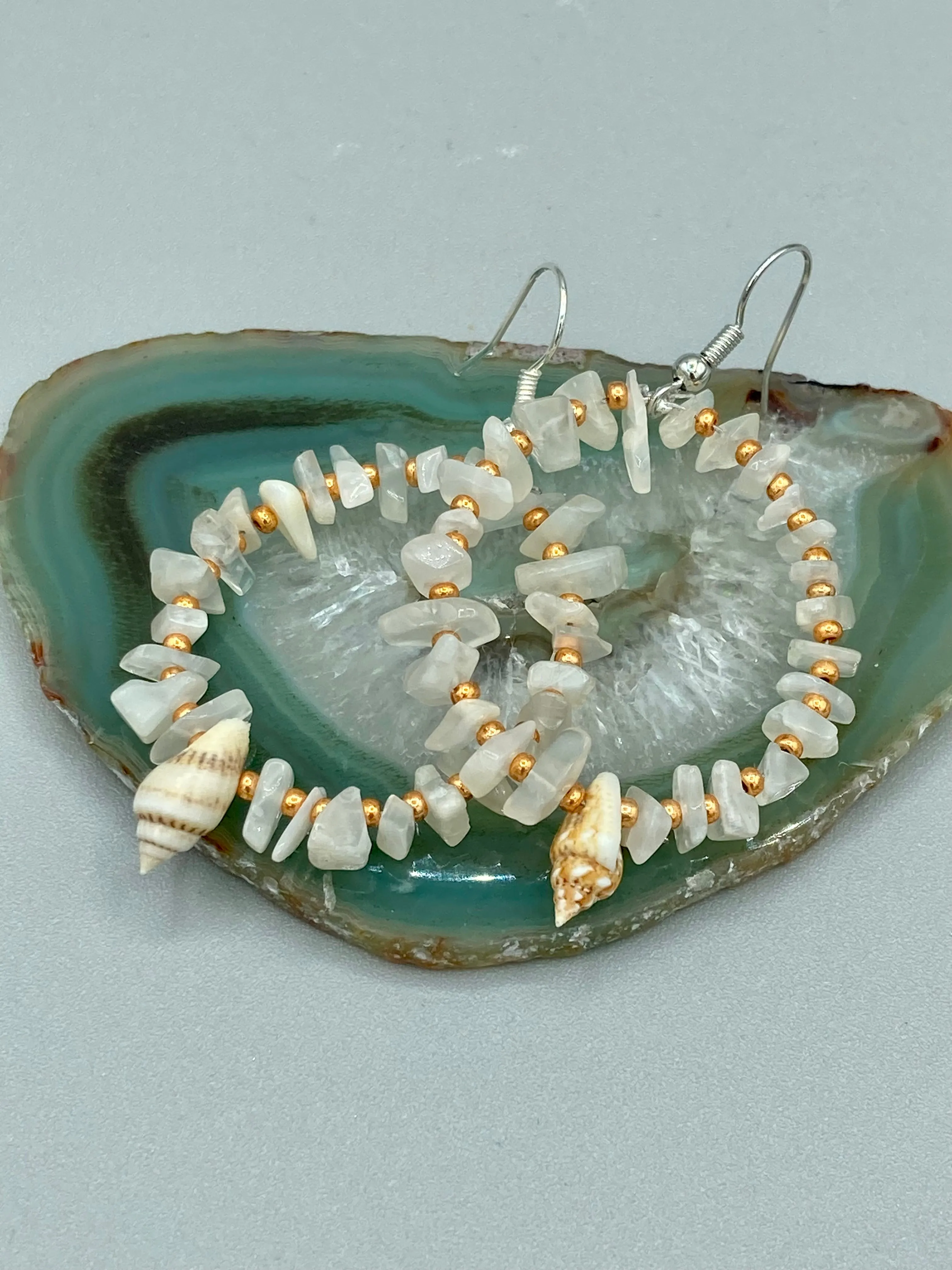 White Moon Stone Chip Beaded Hoop Earrings, Hippie Vibe, Shabby Chic, Boho Chic, Nature Inspired, Bohemian