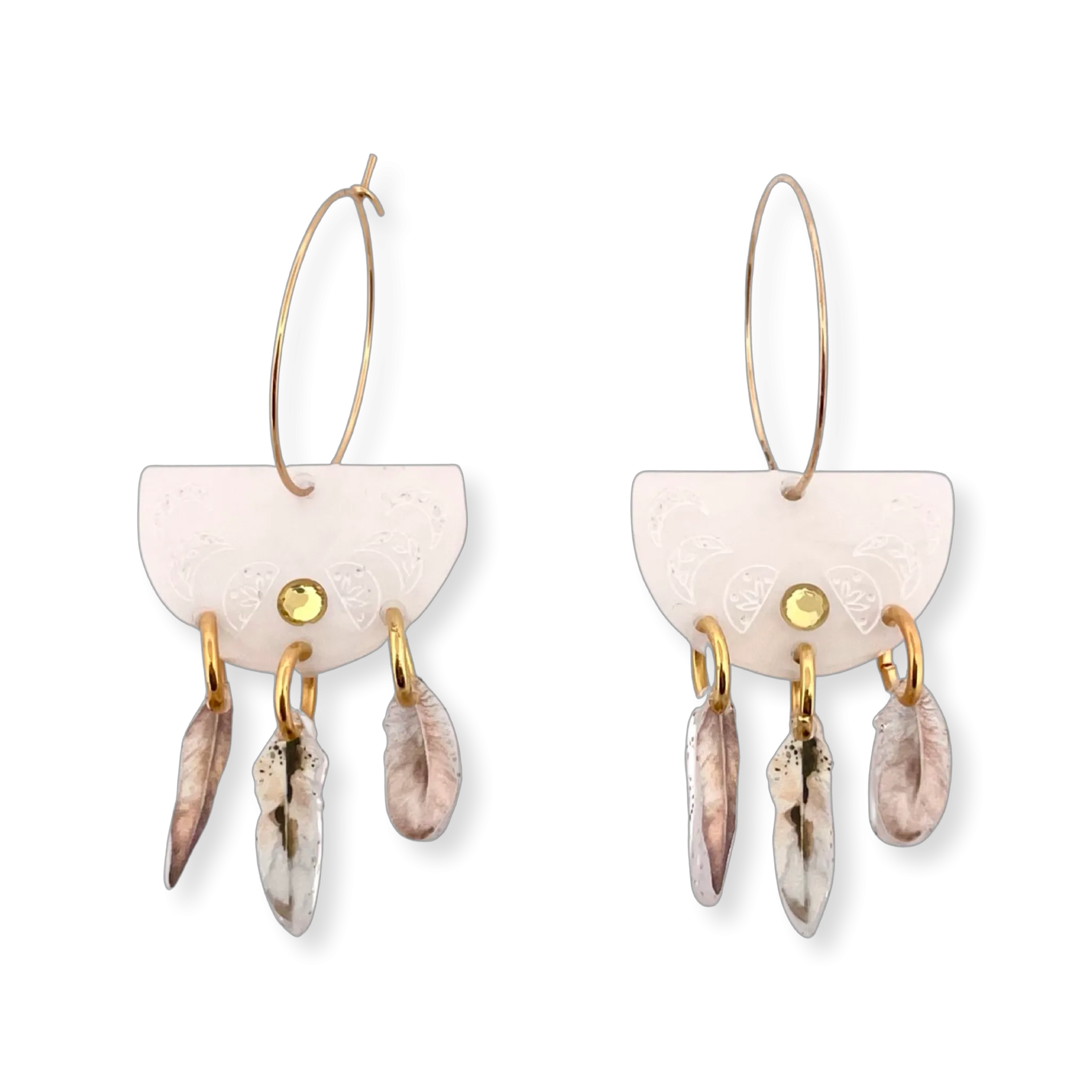 White swirl gold feathers - Earrings