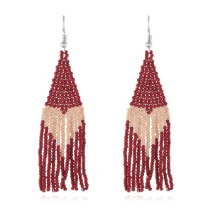Wine Red Howlite & Silver-Plated Heart Tassel Drop Earrings