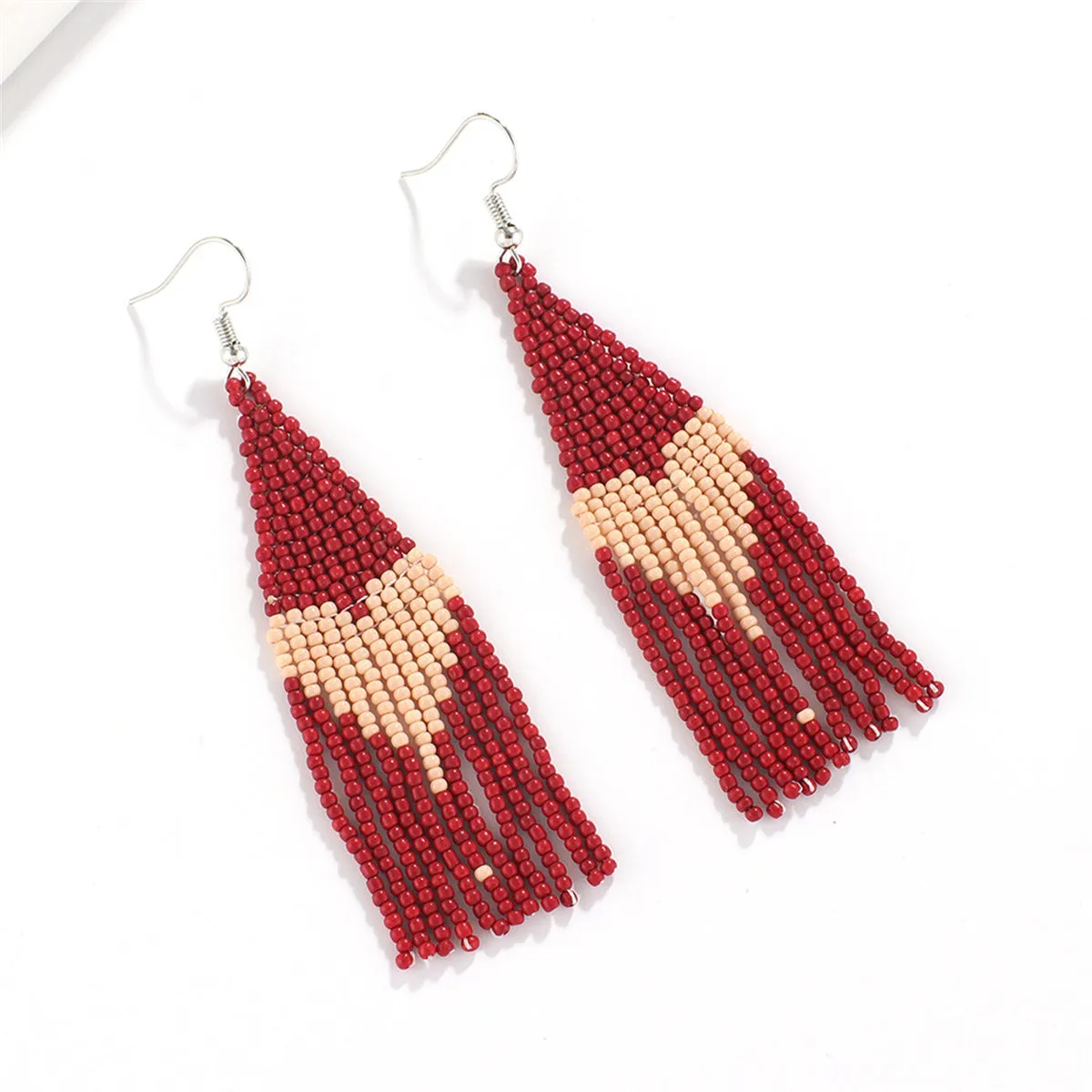 Wine Red Howlite & Silver-Plated Heart Tassel Drop Earrings