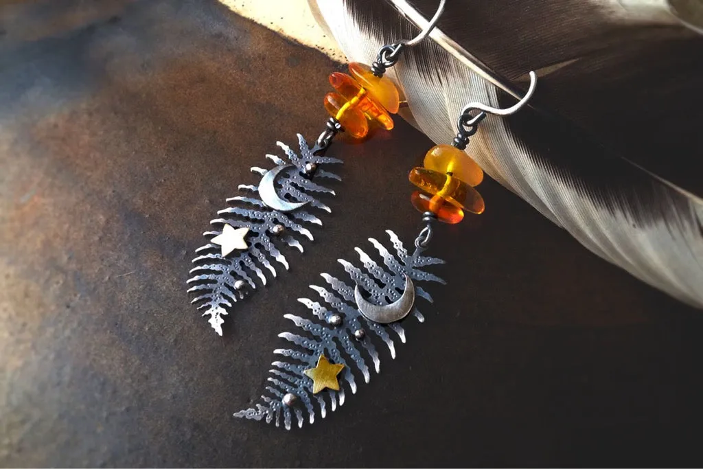 Winter Moon & Fern Earrings-Mixed Metal Amber Earrings