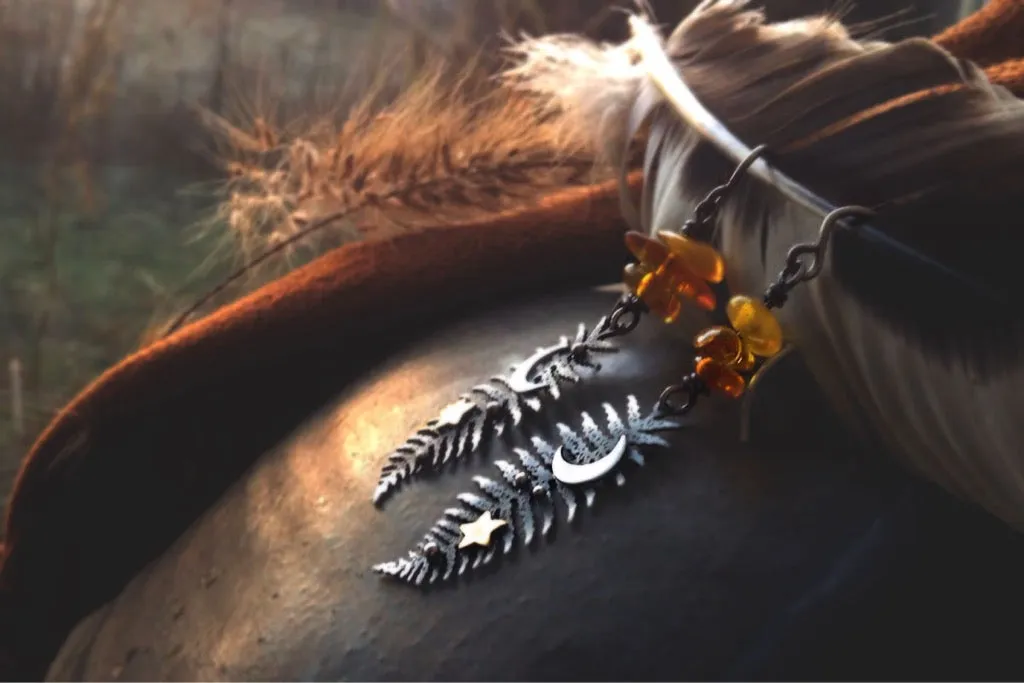 Winter Moon & Fern Earrings-Mixed Metal Amber Earrings
