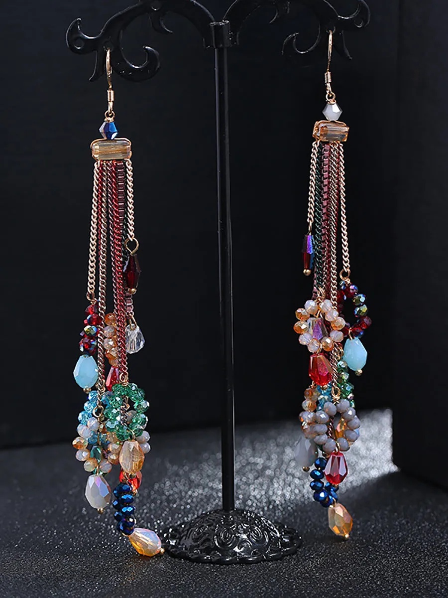 Women Vintage Bead Knitted Tassel Silver Earrings