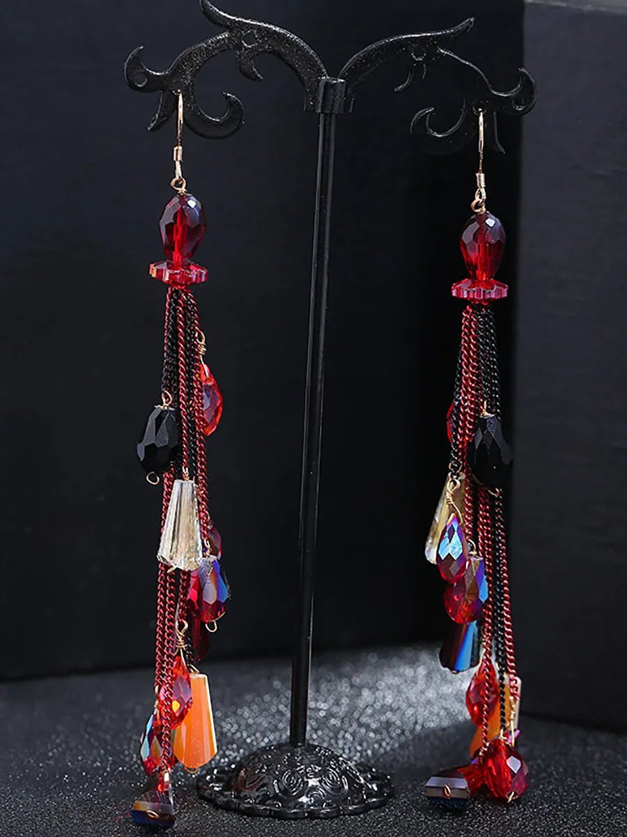 Women Vintage Bead Knitted Tassel Silver Earrings