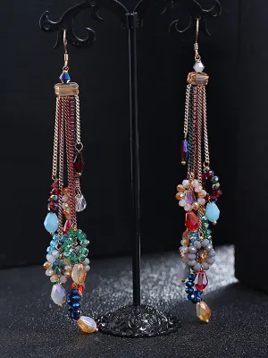 Women Vintage Bead Knitted Tassel Silver Earrings