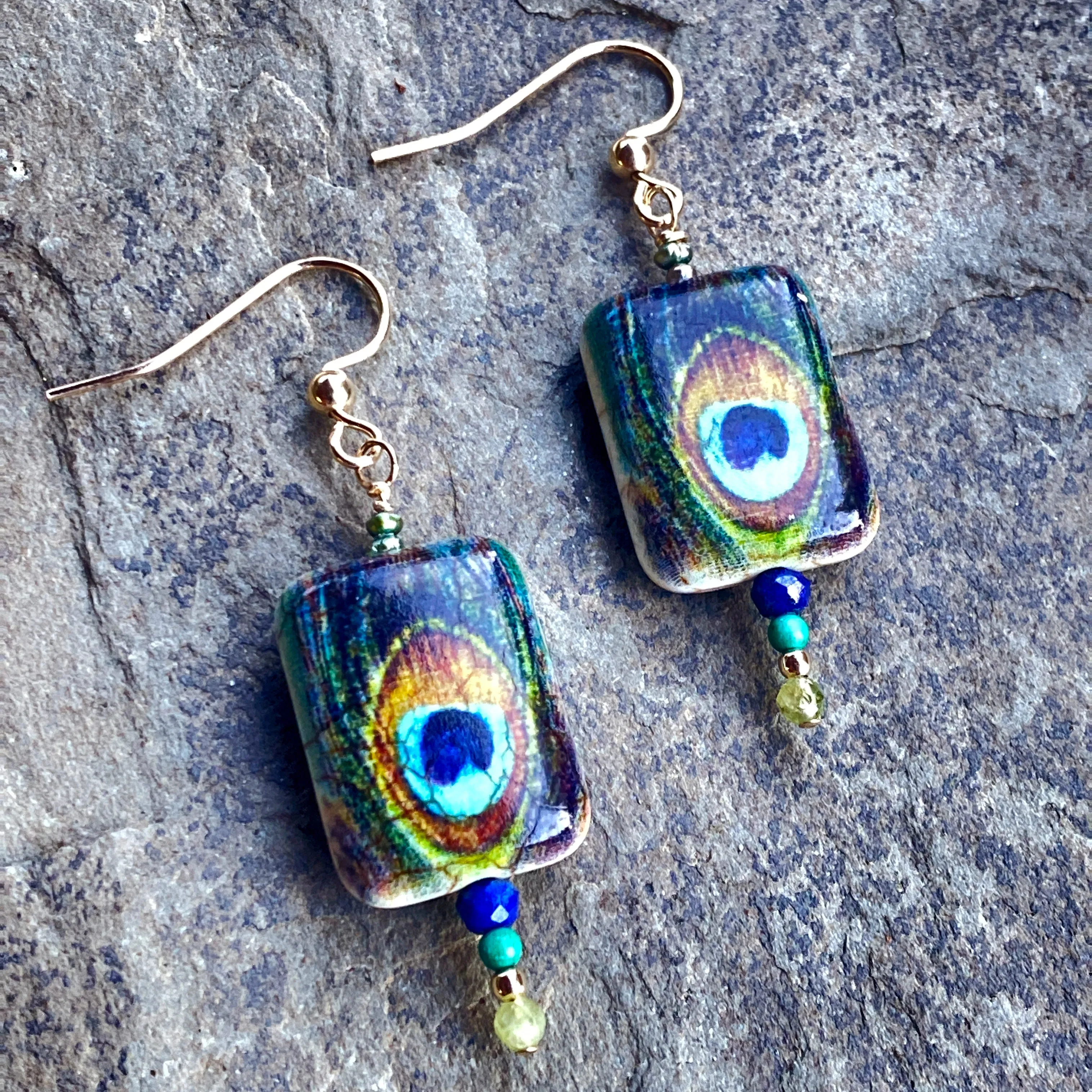 Women's Painted Peacock with Peridot, Turquoise Gemstone Earrings