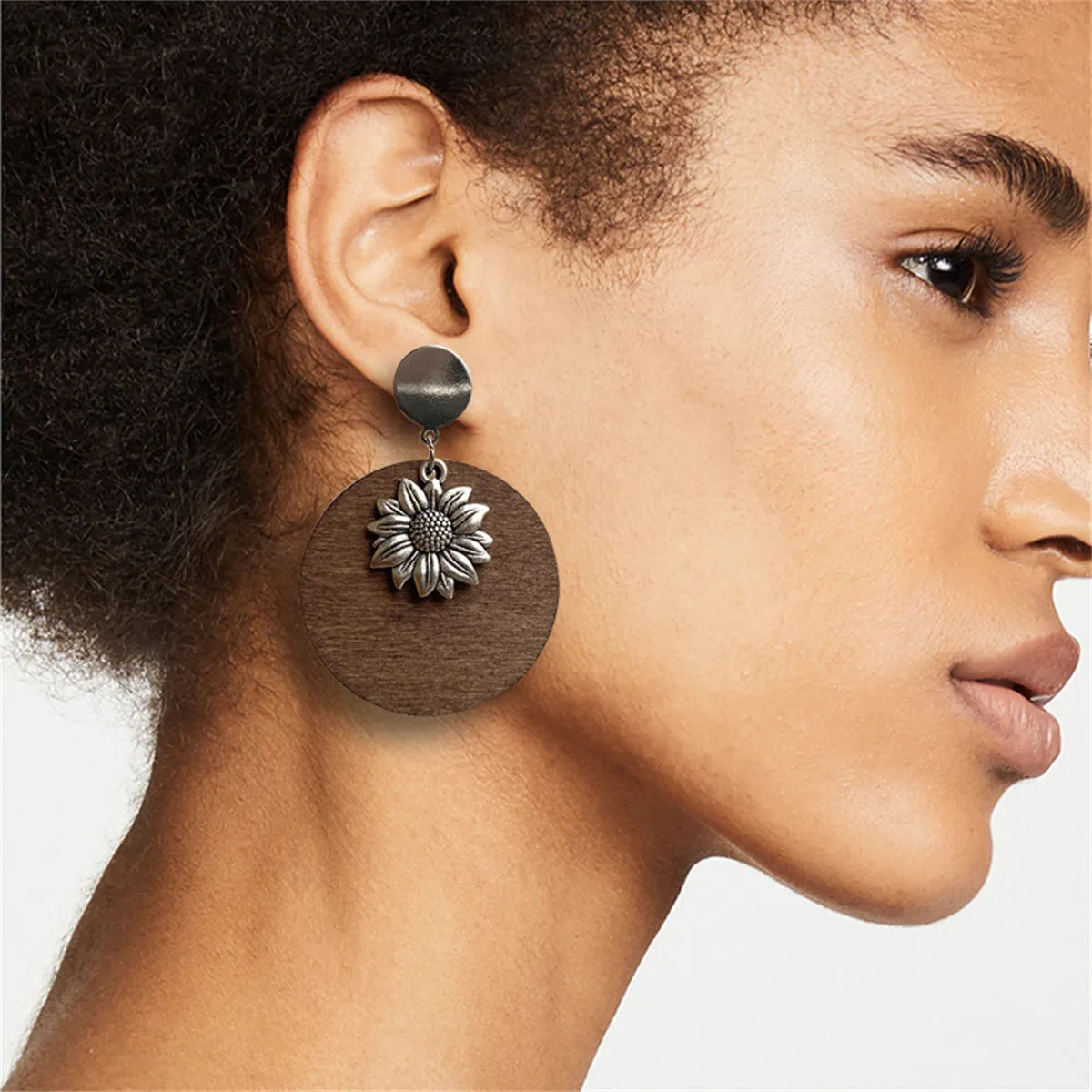 Wood & Silver-Plated Sunflower Drop Earrings