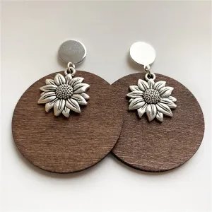 Wood & Silver-Plated Sunflower Drop Earrings