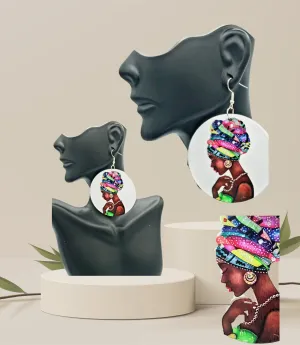 Wooden African Earrings with Head Wrap Art