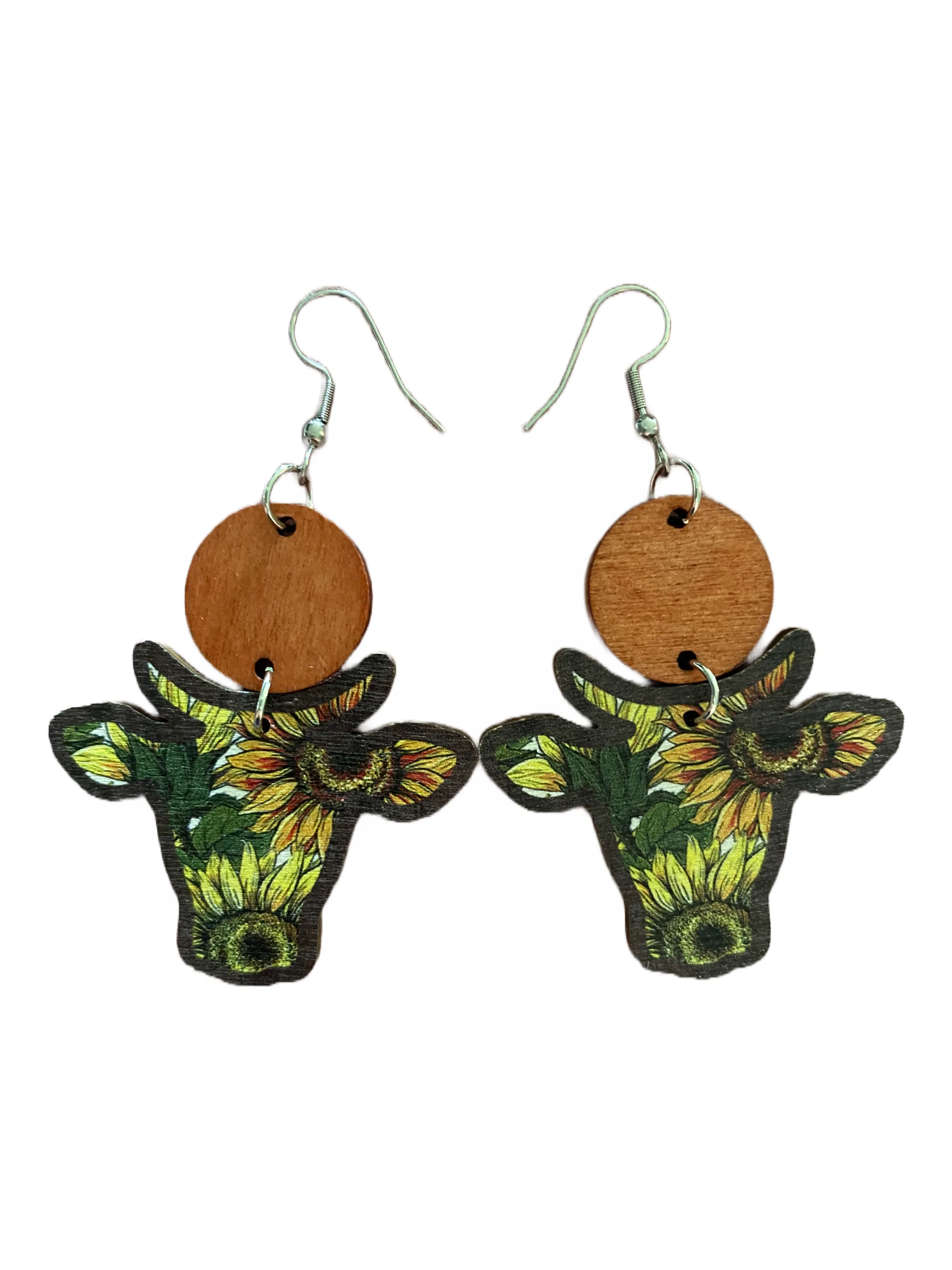 Wooden Cow Head Dangles~ Sunflower
