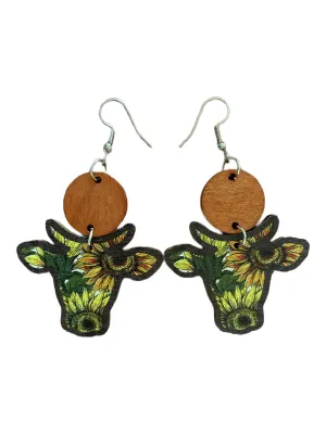 Wooden Cow Head Dangles~ Sunflower
