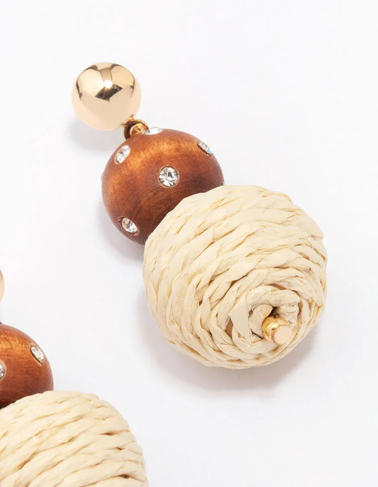 Wooden Raffia Ball Drop Earrings