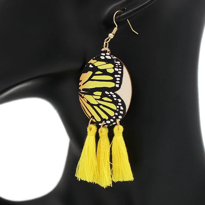 Yellow Butterfly Tassel Wooden Dangle Earrings