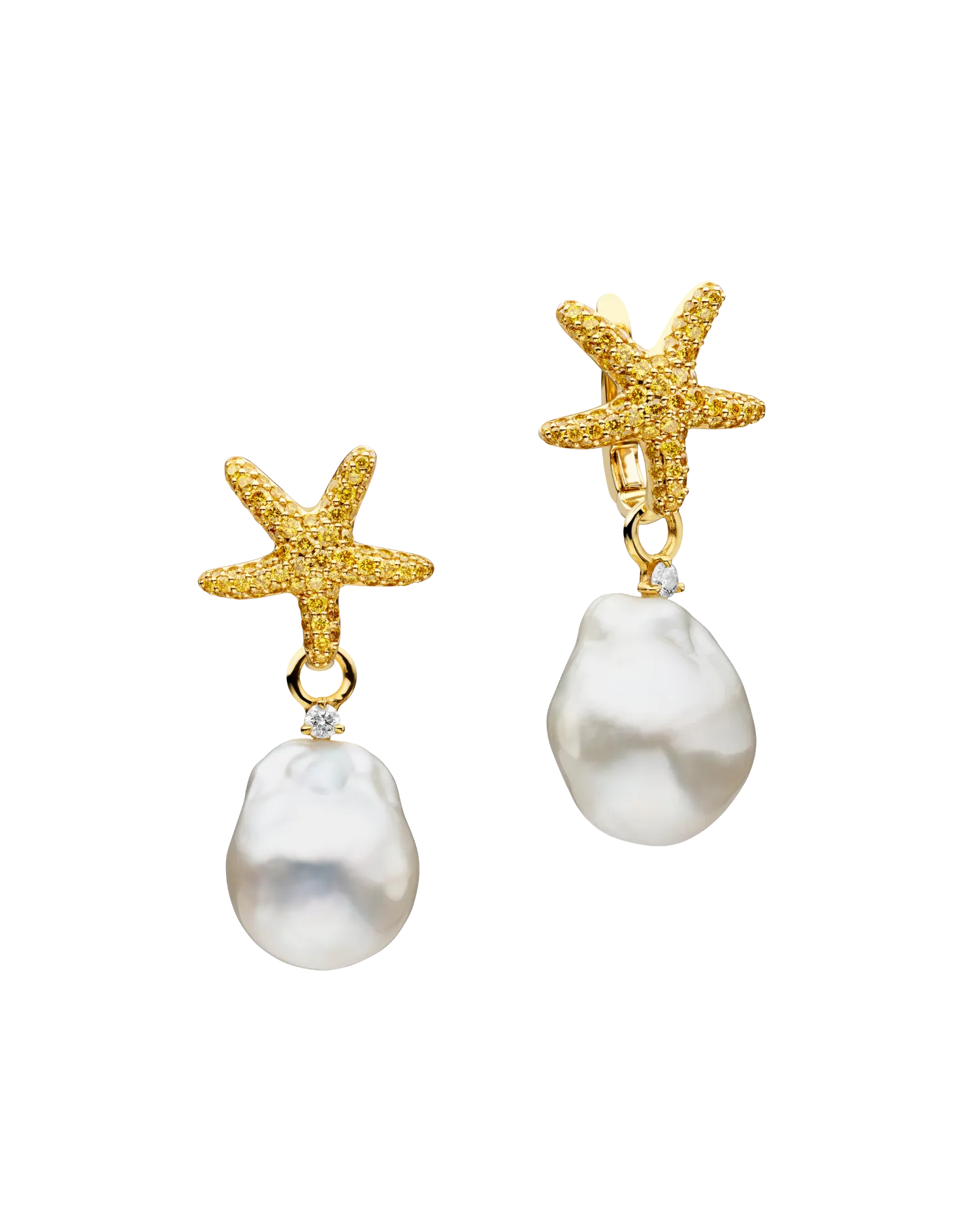 Yellow Diamond Starfish Pearls My Way Earrings | 14mm Baroque Pearls, Yellow Diamonds, and Yellow Gold