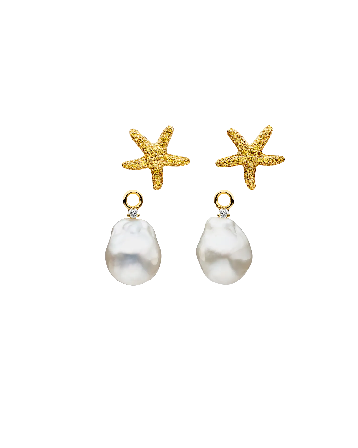 Yellow Diamond Starfish Pearls My Way Earrings | 14mm Baroque Pearls, Yellow Diamonds, and Yellow Gold