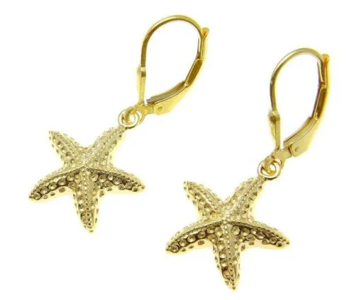 YELLOW GOLD PLATED SILVER 925 HAWAIIAN SEA STARFISH HOOK LEVERBACK EARRINGS 15MM