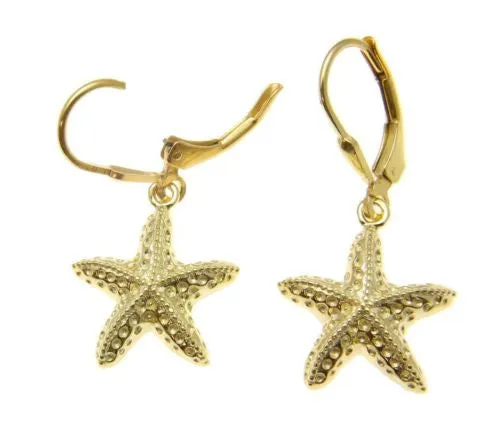 YELLOW GOLD PLATED SILVER 925 HAWAIIAN SEA STARFISH HOOK LEVERBACK EARRINGS 15MM