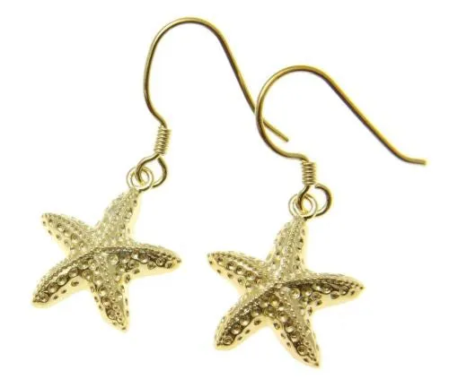 YELLOW GOLD PLATED SILVER 925 HAWAIIAN SEA STARFISH HOOK LEVERBACK EARRINGS 15MM