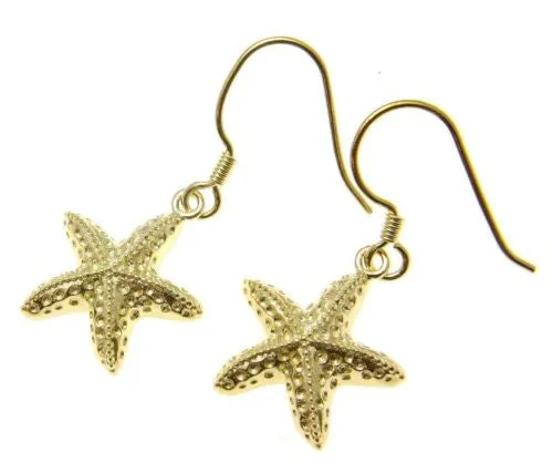 YELLOW GOLD PLATED SILVER 925 HAWAIIAN SEA STARFISH HOOK LEVERBACK EARRINGS 15MM