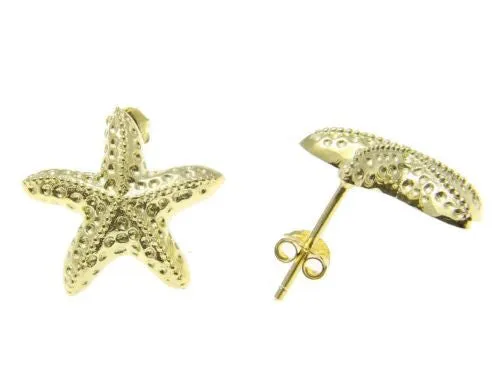 YELLOW GOLD PLATED SILVER 925 HAWAIIAN SEA STARFISH STUD POST EARRINGS 15MM