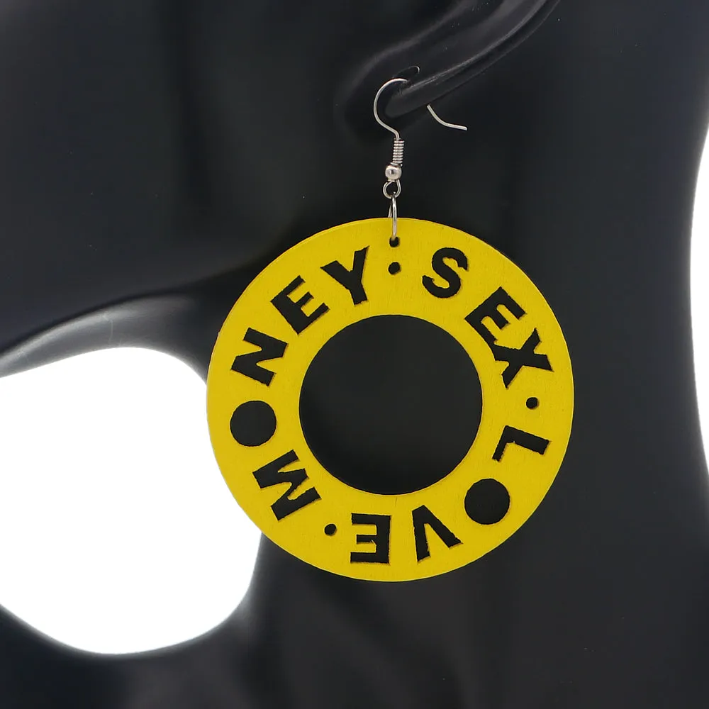 Yellow Money Sex Love Wooden Earrings