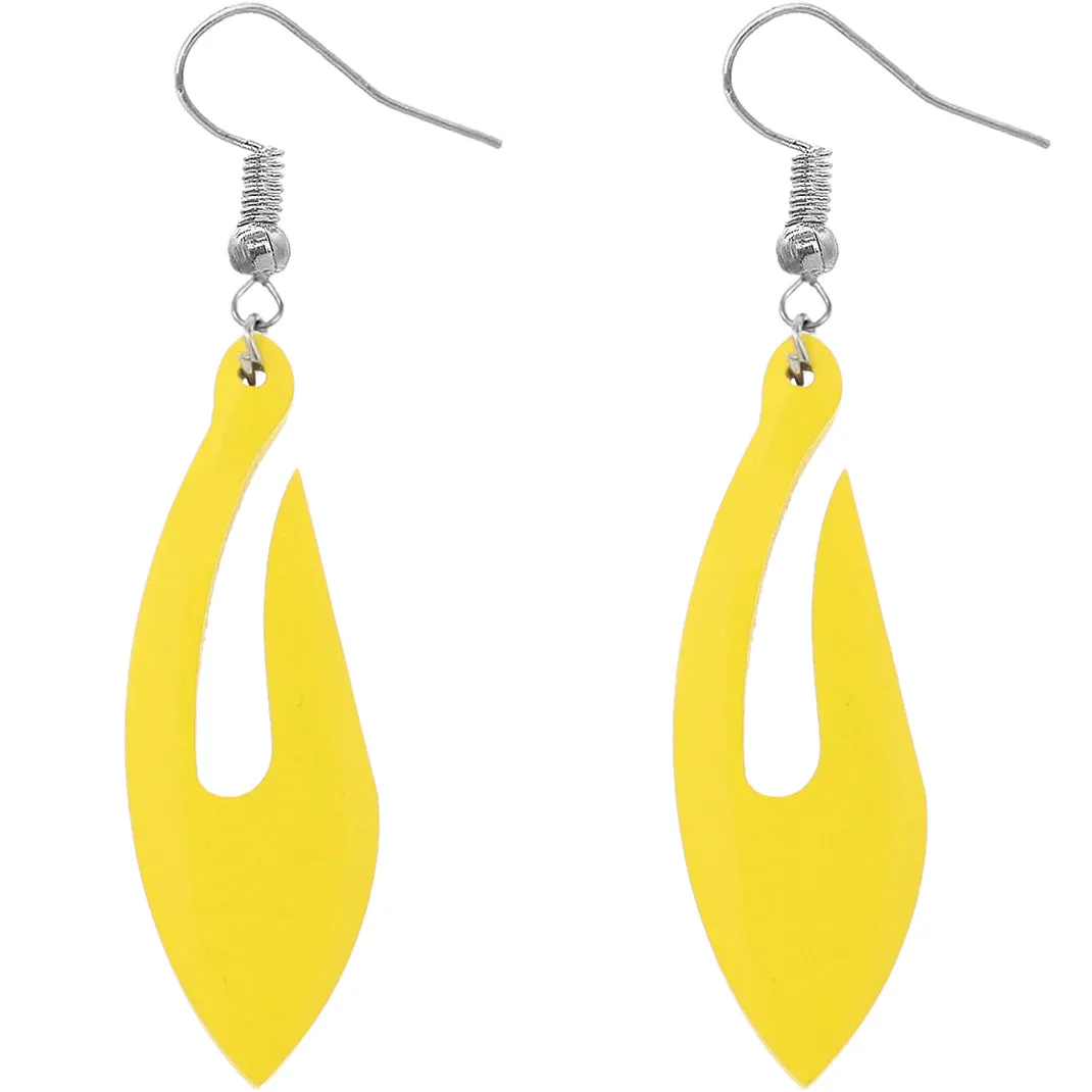 Yellow Tribal Fishhook Design Wooden Earrings