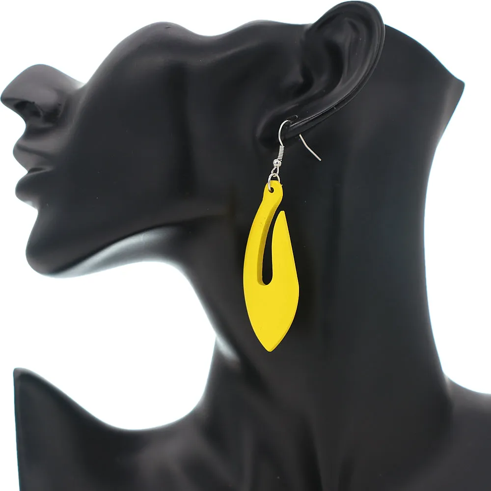 Yellow Tribal Fishhook Design Wooden Earrings