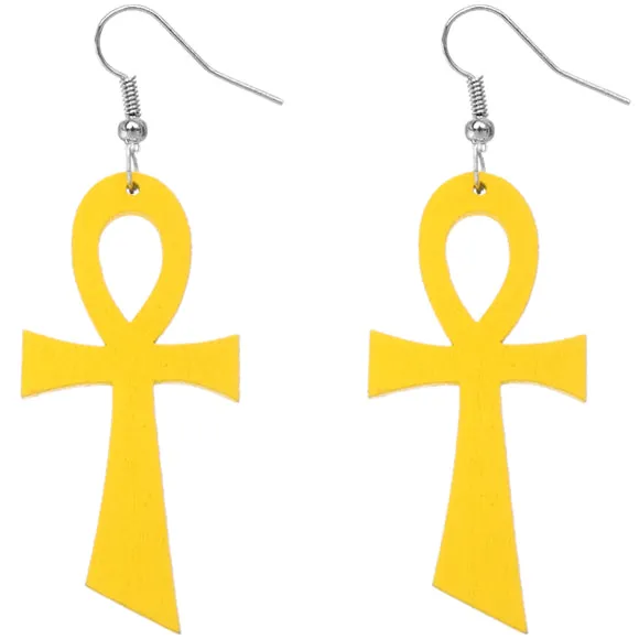 Yellow Wooden Ankh Earrings