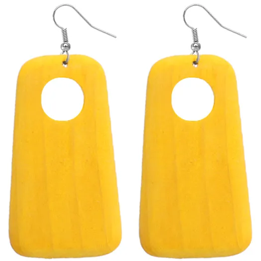 Yellow Wooden Circular Cutout Drop Earrings