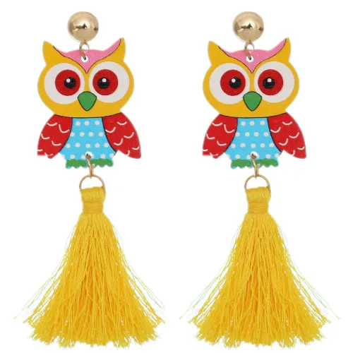 Yellow Wooden Owl Tassel Earrings
