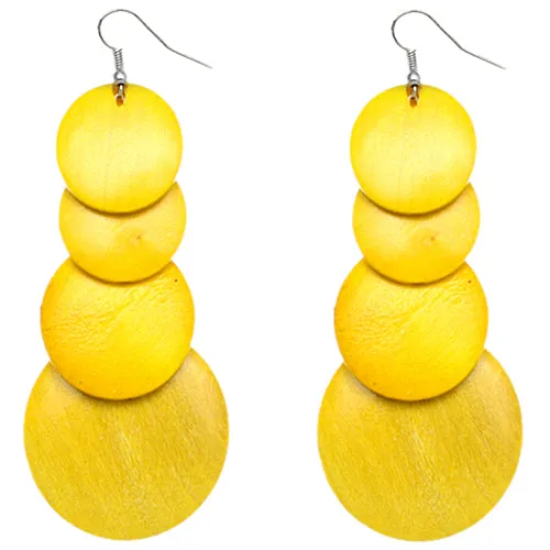 Yellow Wooden Round Disc Cascade Earrings