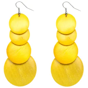 Yellow Wooden Round Disc Cascade Earrings
